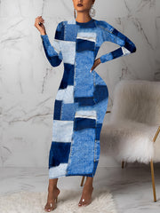 Denim Print Long Sleeve Round Neck Maxi Slim Fit Dress