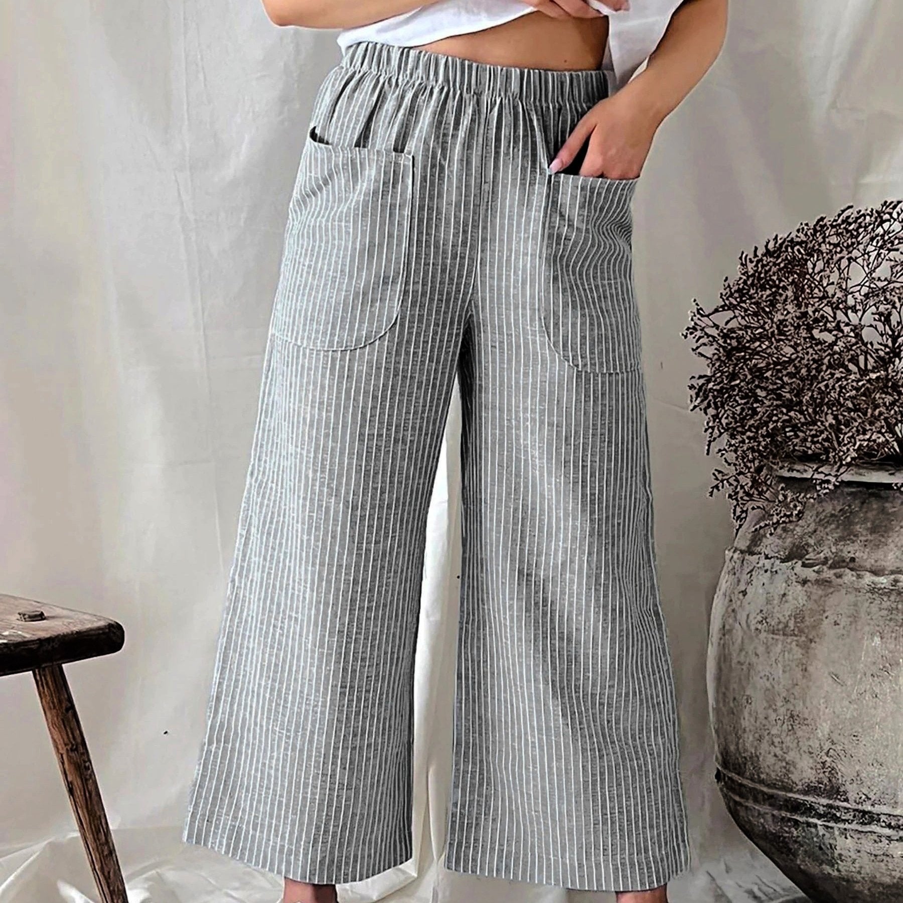 Striped Wide Leg Pants Elastic Waist With Pockets
