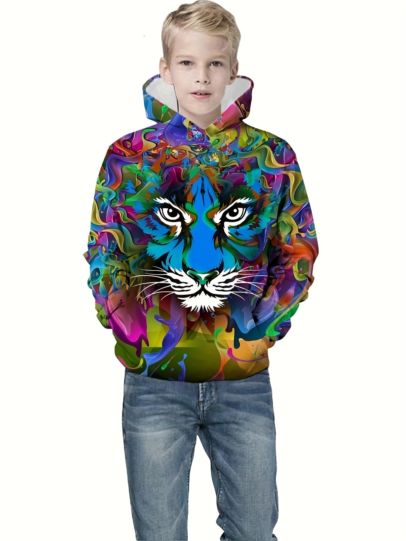 Colorful Lion Print Boys Hooded Sweatshirt