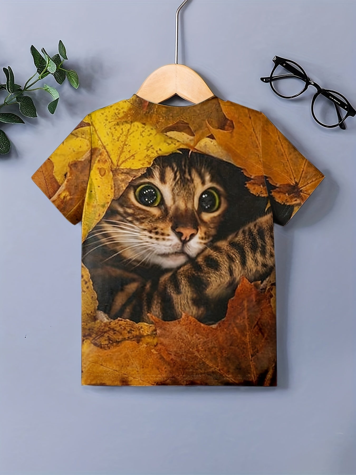Boy's Leaf & Cat Graphic T shirt Casual 3D Print Tee