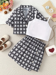 3pcs Girls Plaid Blazer Top Skirt Set for Vacation Casual Daily Kids Summer