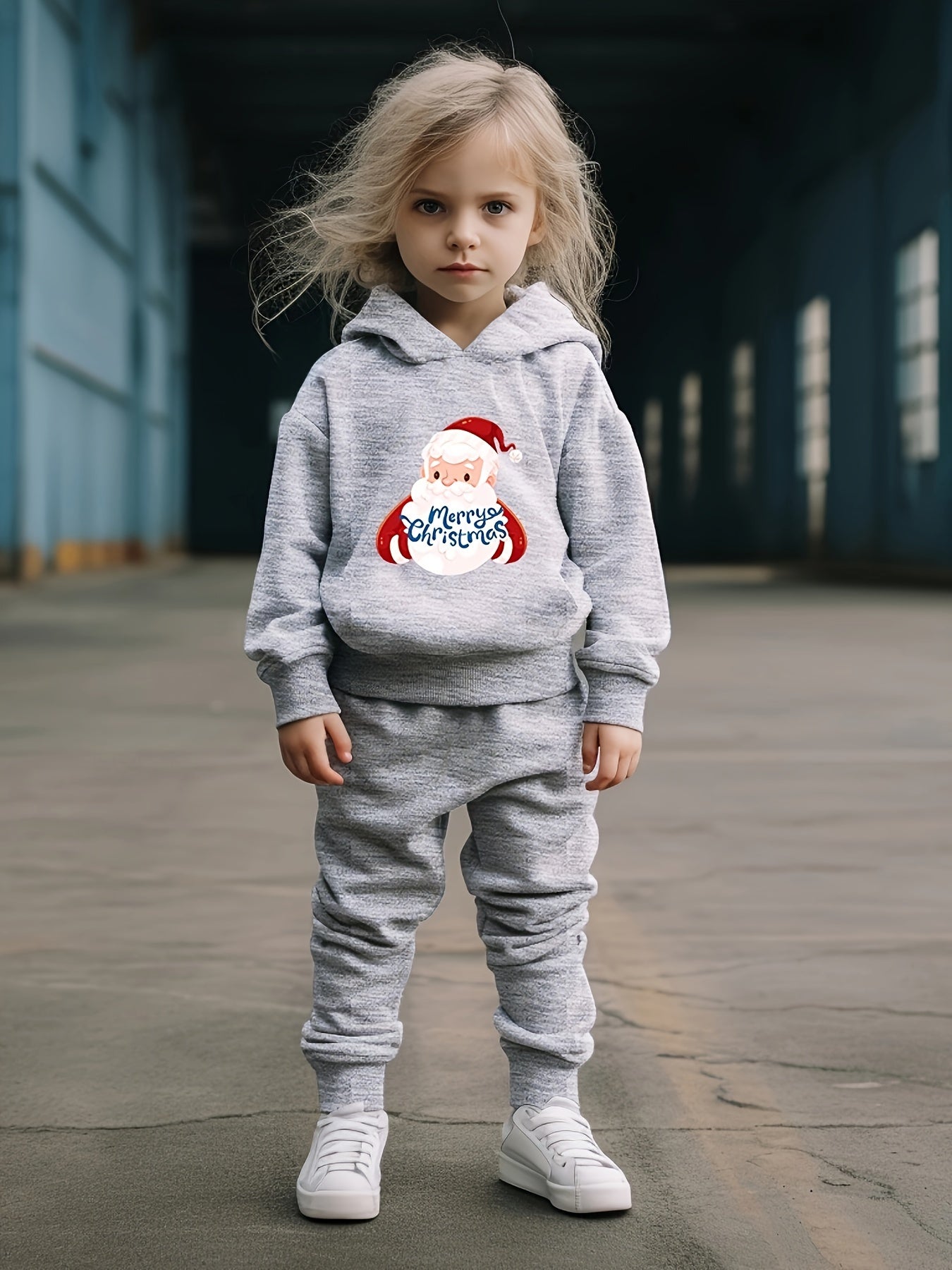 Santa Print Hoodies Jogger Set for Kids, Christmas Outfit