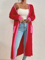 Open Front Knit Cardigan with Contrast Trim and Pocket