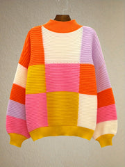 Y2K Sweater Women's Plus Colorblock Grid Print Round Neck