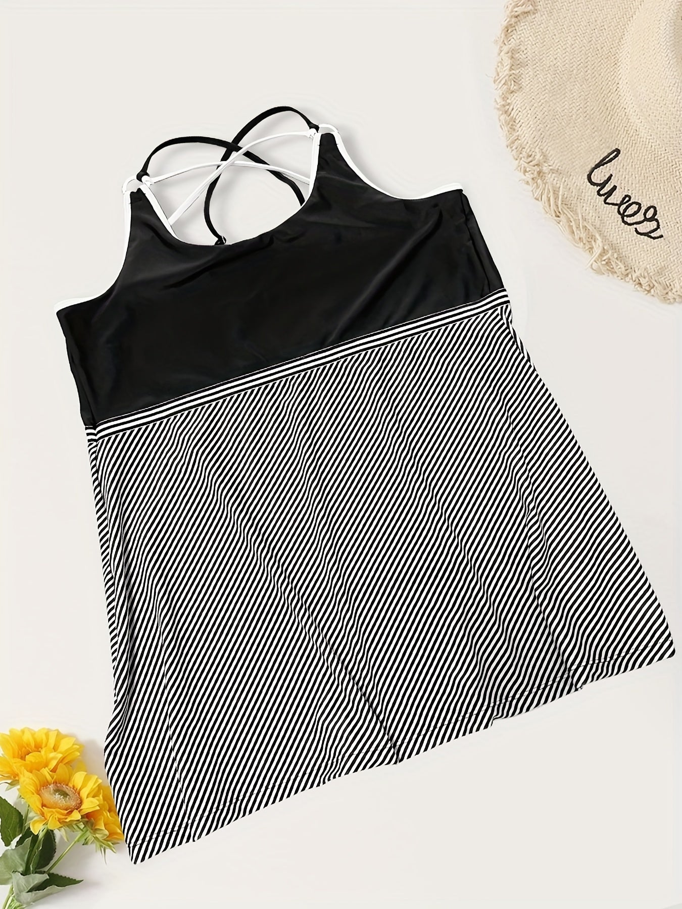 Colorblock Stripe Tankini Set with Skirt Brief