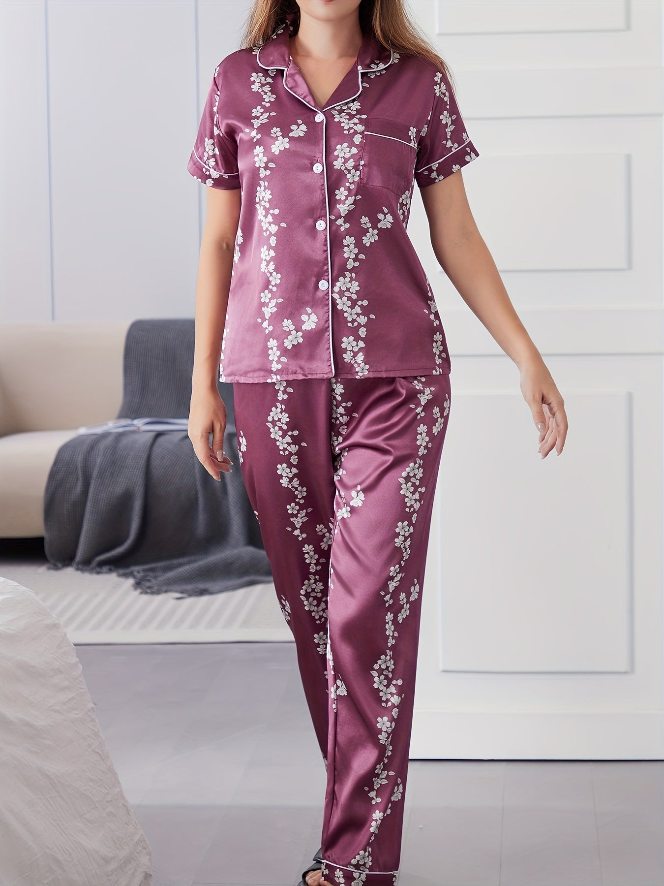 Floral Pajama Set Short Sleeve Top & Elastic Waist Pants