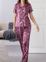 Floral Pajama Set Short Sleeve Top & Elastic Waist Pants