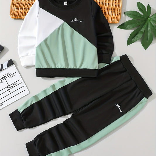 Boy's 2pcs Block Sweatshirt & Sweatpants Set Letter Print