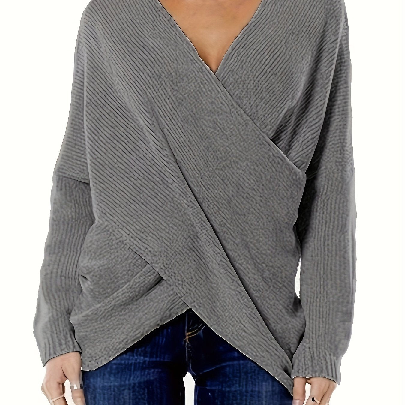 Solid Long Sleeve Sweater with Surplice Neck