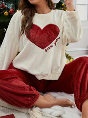 Heart Pattern Fleece Top & Joggers Pajamas Set