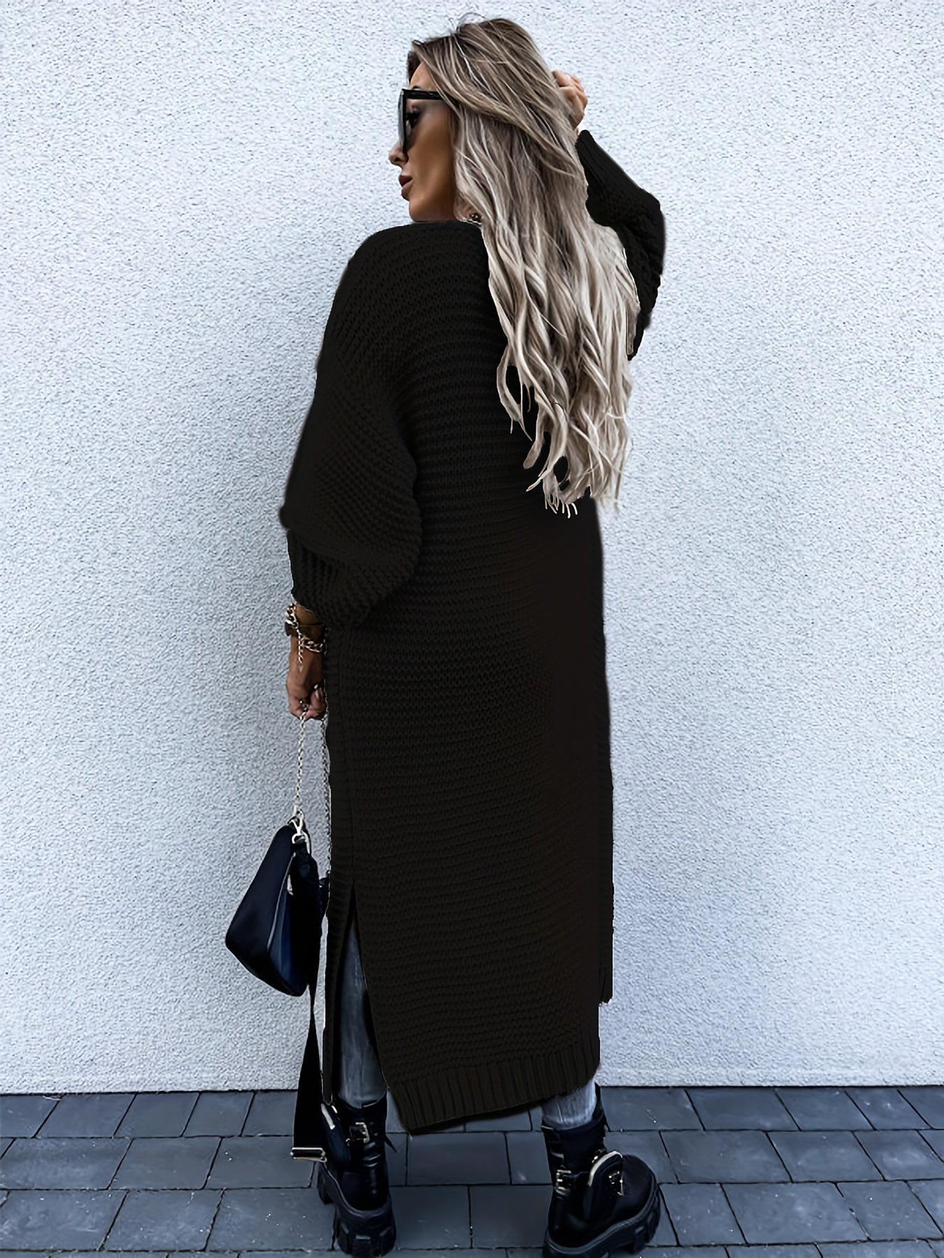 Solid Open Front Side Split Cardigan Casual Long Sleeve Cardigan