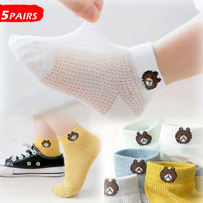 5 Pairs Boys Bear Print Short Socks Cotton Mesh Breathable Ankle Socks