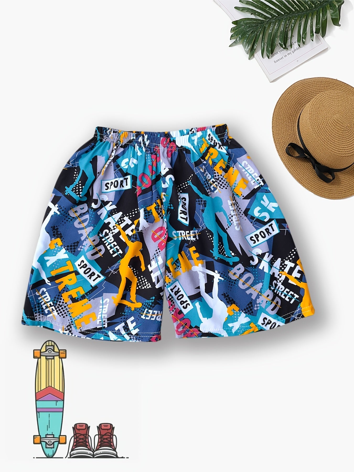 Boys Cartoon Graffiti Print Shorts for Summer Sports