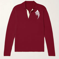 Men's Wing Pattern Knit Polo Shirt Stretch V Neck Sweater