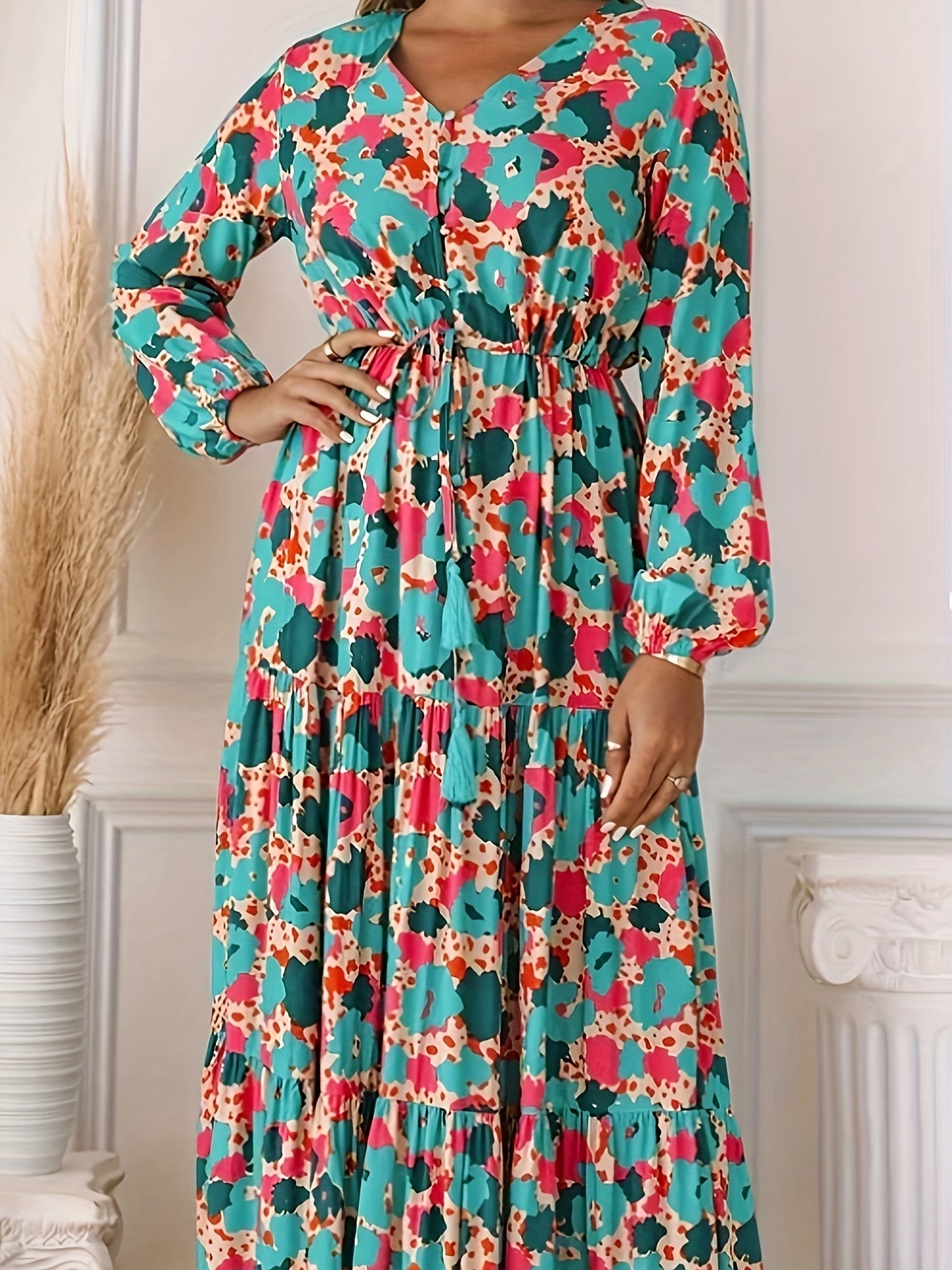 Plus Floral Print Long Sleeve V Neck Smock Dress