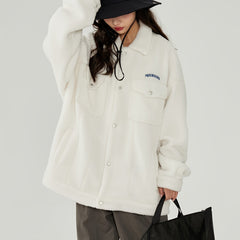 Letter Embroidery Lapel Jacket Teddy Coat for Women