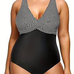 Colorblock Stripe Print Twist Front One Piece Ruched Tank Swimsuit