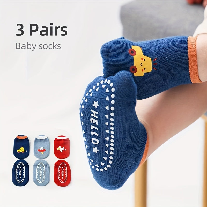 3 Pairs Colorful Cartoon Anti-Slip Socks for Boys 0-3 Years