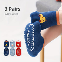 3 Pairs Colorful Cartoon Anti-Slip Socks for Boys 0-3 Years