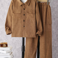 Boy's Corduroy 2pcs Shirt & Cargo Pants Set Solid Long Sleeve Top