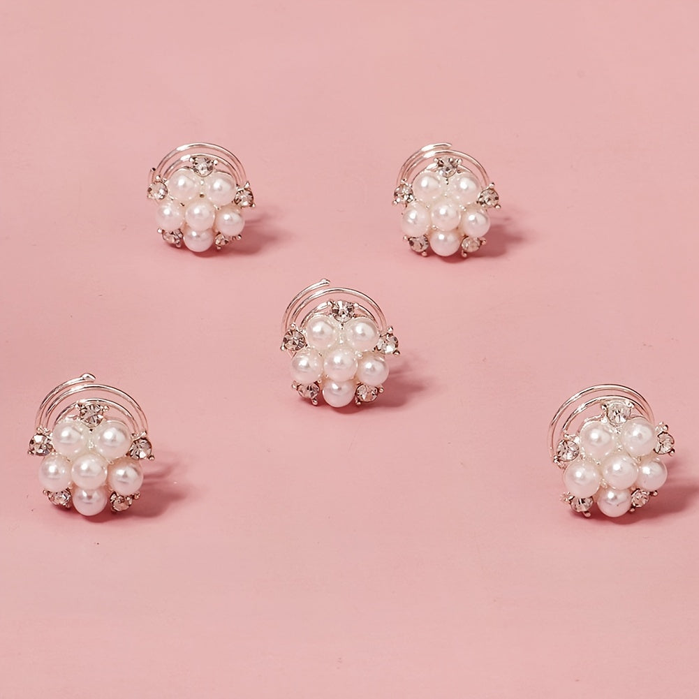 5pcs Bridal Faux Pearl Spiral Hair Ring Rhinestone Head Jewelry