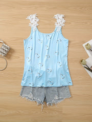 Heart Print Lace Strap Tank Top Sexy V Neck Sleeveless Summer Women's Top