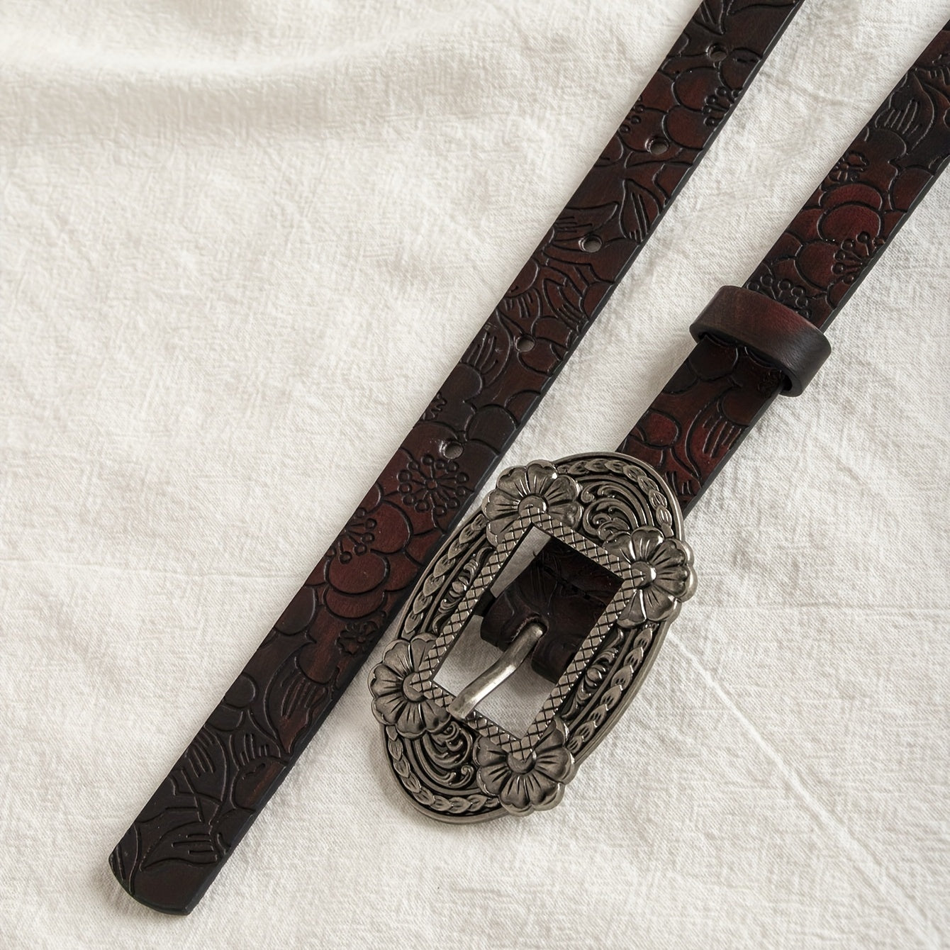 Vintage Carved Buckle PU Belt Flower Pattern Embossed Belt For Women