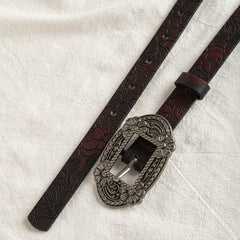 Vintage Carved Buckle PU Belt Flower Pattern Embossed Belt For Women