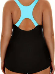 Sporty Plus Size Swimsuit: Scoop Neck Racer Back Patchwork One Piece