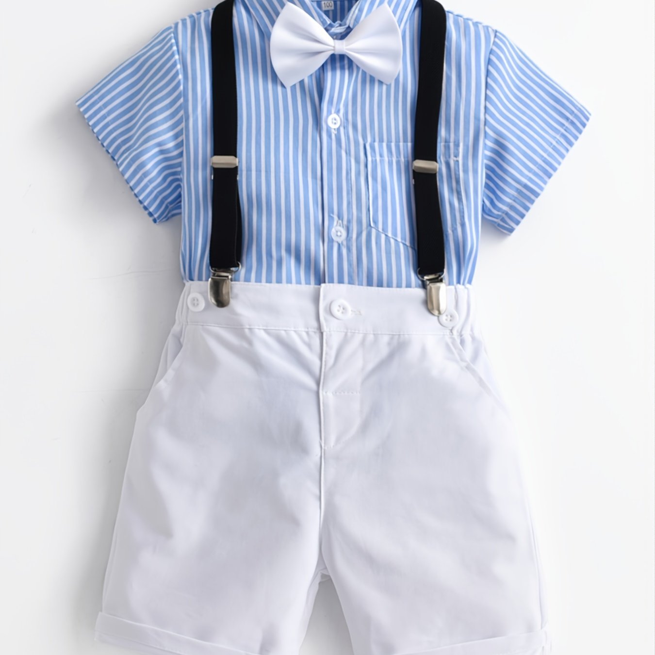 Toddler Boys Striped Bow Tie Top & Suspender Shorts Summer Set
