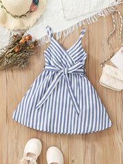 Girls Striped V-Neck Dress With Belt