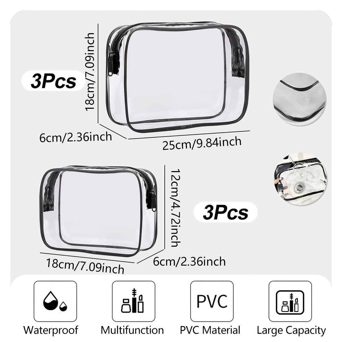 6pcs PVC Clear Toiletry Bags Travel Cosmetic Makeup Bags With Zipper