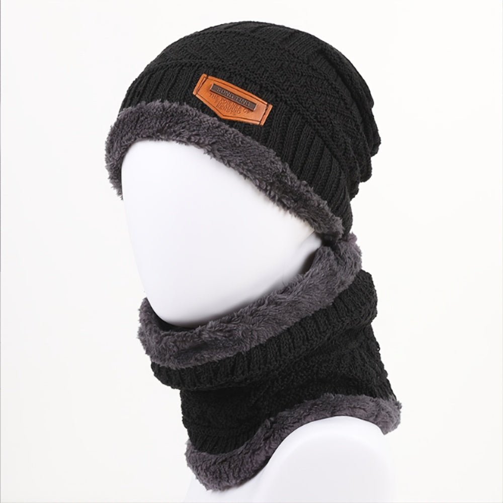 Men's Wool Knitted Plus Fleece Thick Hat Scarf
