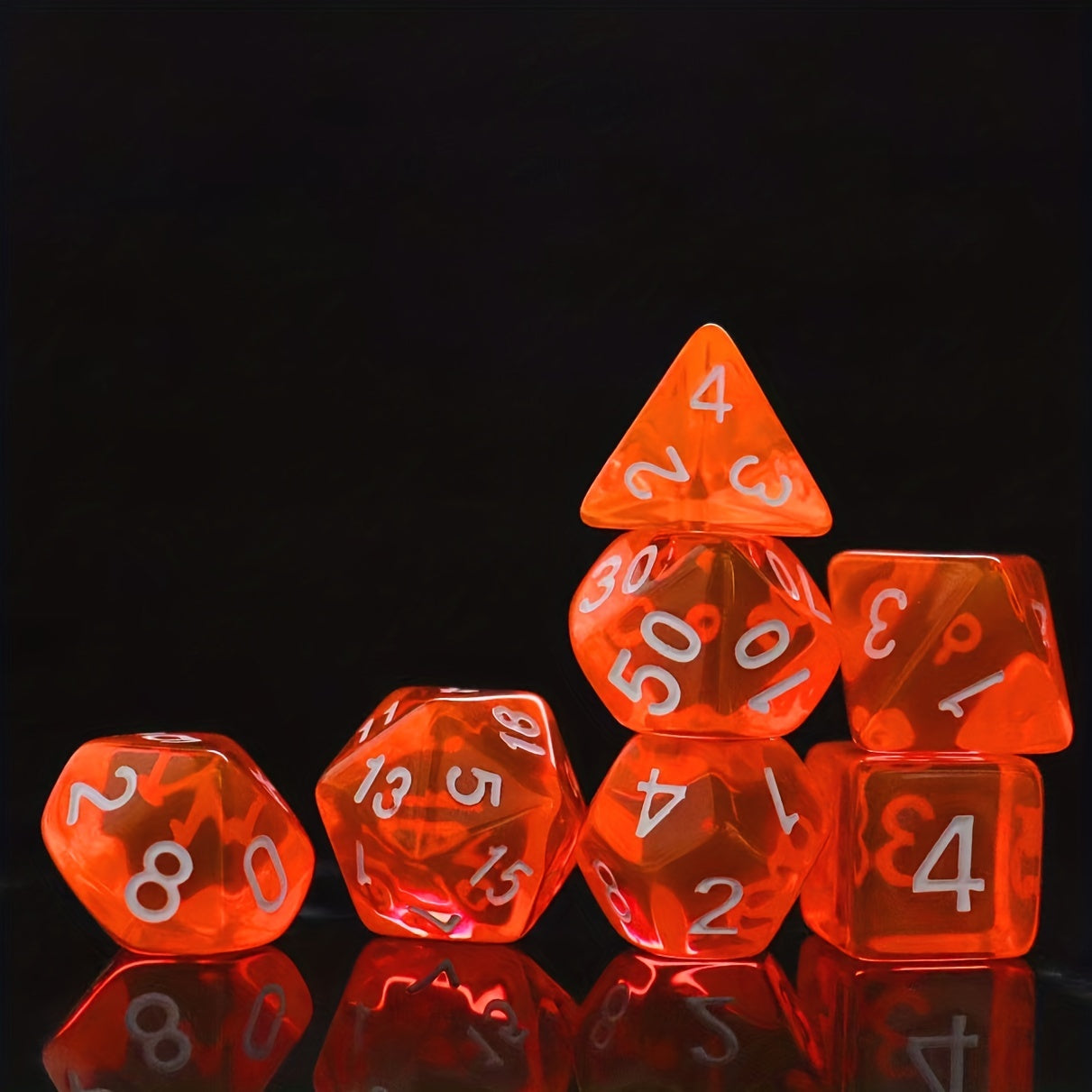 7pcs Transparent Orange Glitter Polyhedral Dice Set