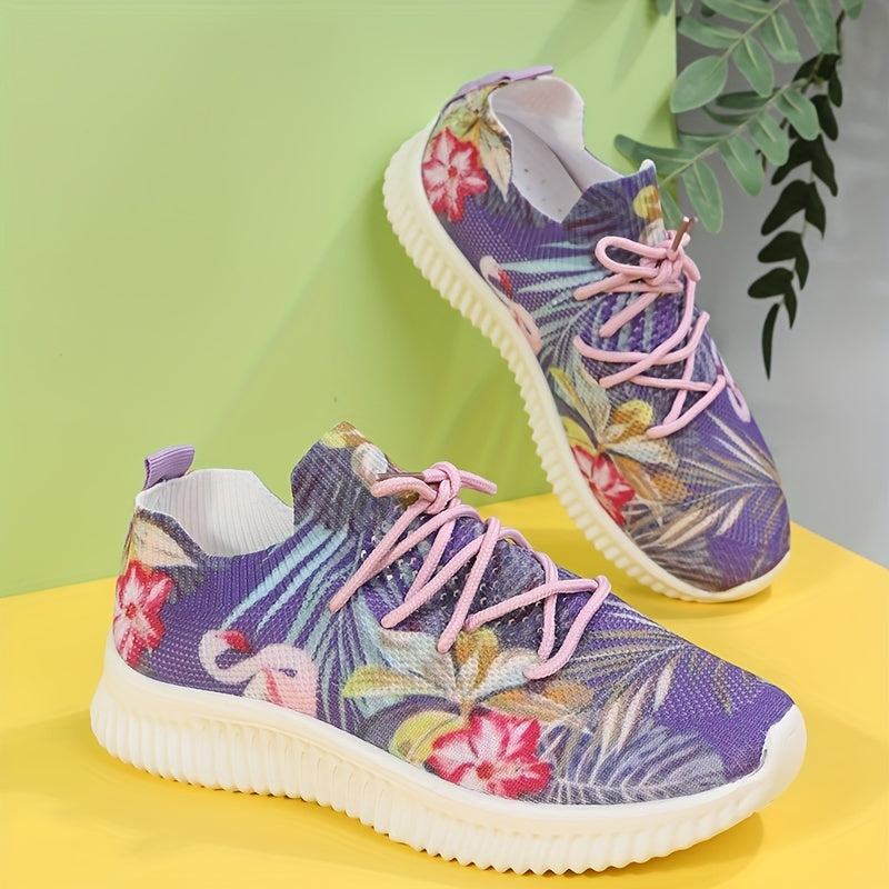 Floral Print Sneakers Lace Up Low Round Toe Casual Flatform Shoes