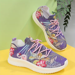 Floral Print Sneakers Lace Up Low Round Toe Casual Flatform Shoes