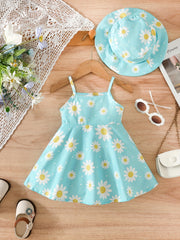 2pcs Baby Girls Daisy Print Suspender Dress Hat Set
