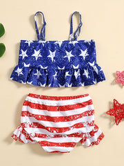 2pcs Baby Girls Star Print Camisole Top & Striped Shorts Swimsuit