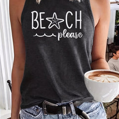 Beach Letter Print Tank Top Women's Crew Neck Casual Tee