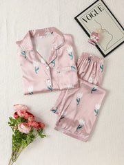 Floral Print Pajama Set Short Sleeve Top & Pants Women's Sleepwear