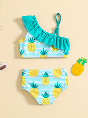 Girls One Shoulder Ruffled Top & Pineapple Graphic Shorts Swimsuit Set