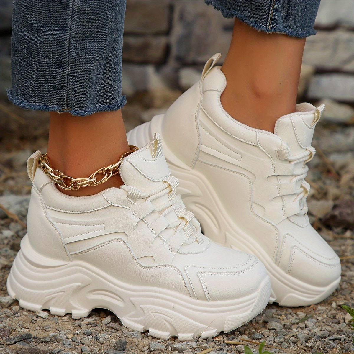 Women's Platform Chunky Sneakers Lace Up Height Increasing Shoes