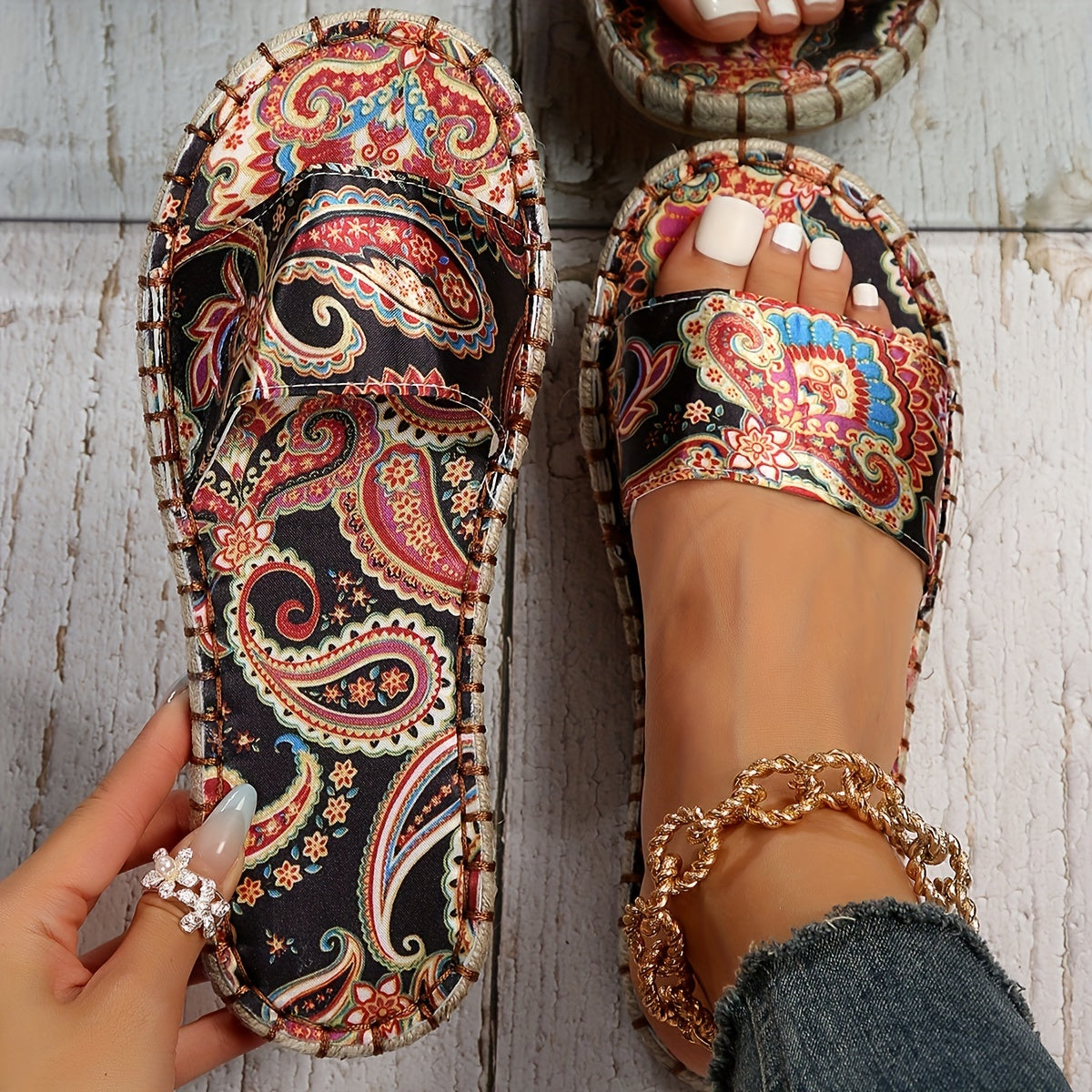 Women's Ethnic Pattern Slippers Open Toe Linen Sandals