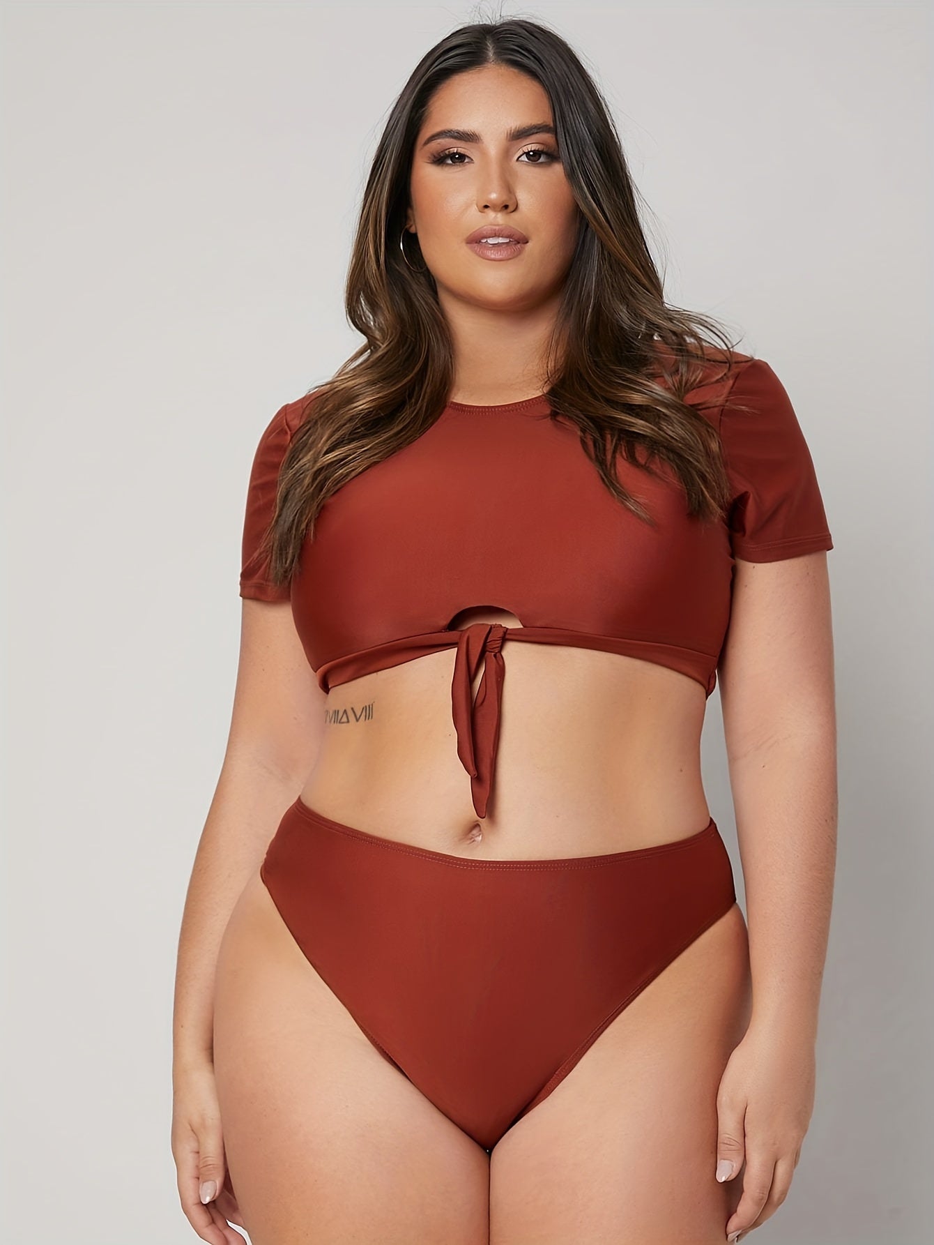 Modest Bikini Set Solid Short Sleeve Tie Front Swimsuit 2 Piece