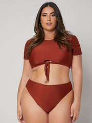 Modest Bikini Set Solid Short Sleeve Tie Front Swimsuit 2 Piece