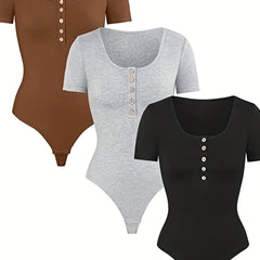 3 Pack Plus Size Basic Bodysuit Women's Plus Round Neck Button Up High Stretch