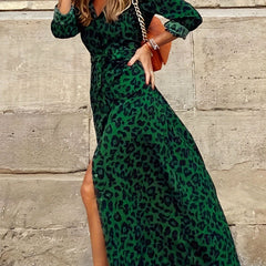 Leopard Print Long Sleeve Maxi Shirt Dress