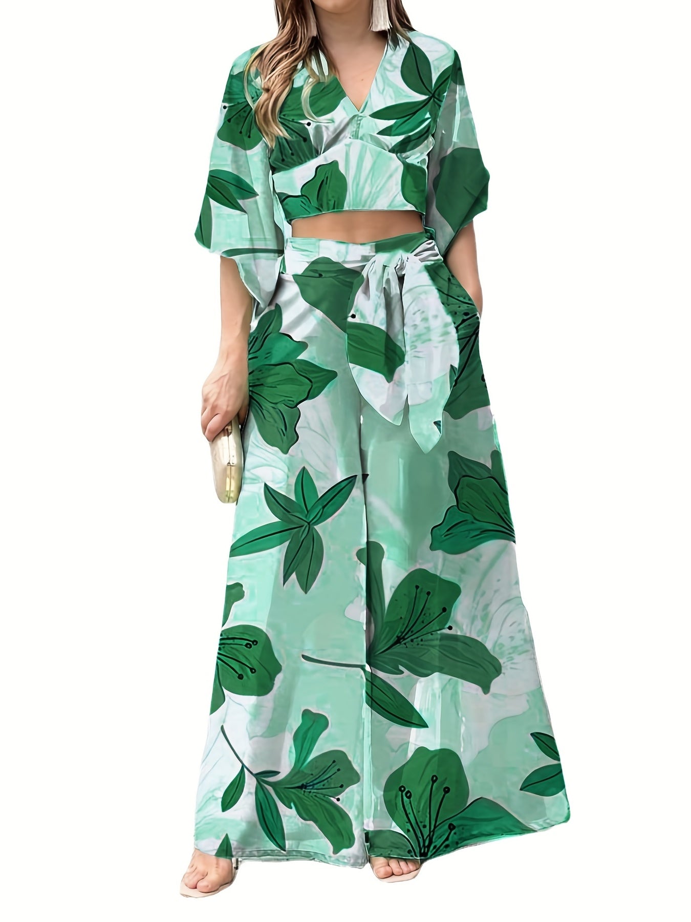 Floral Print Lace Up Suit High Waist Wide Leg Pants And Top Set