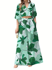Floral Print Lace Up Suit High Waist Wide Leg Pants And Top Set