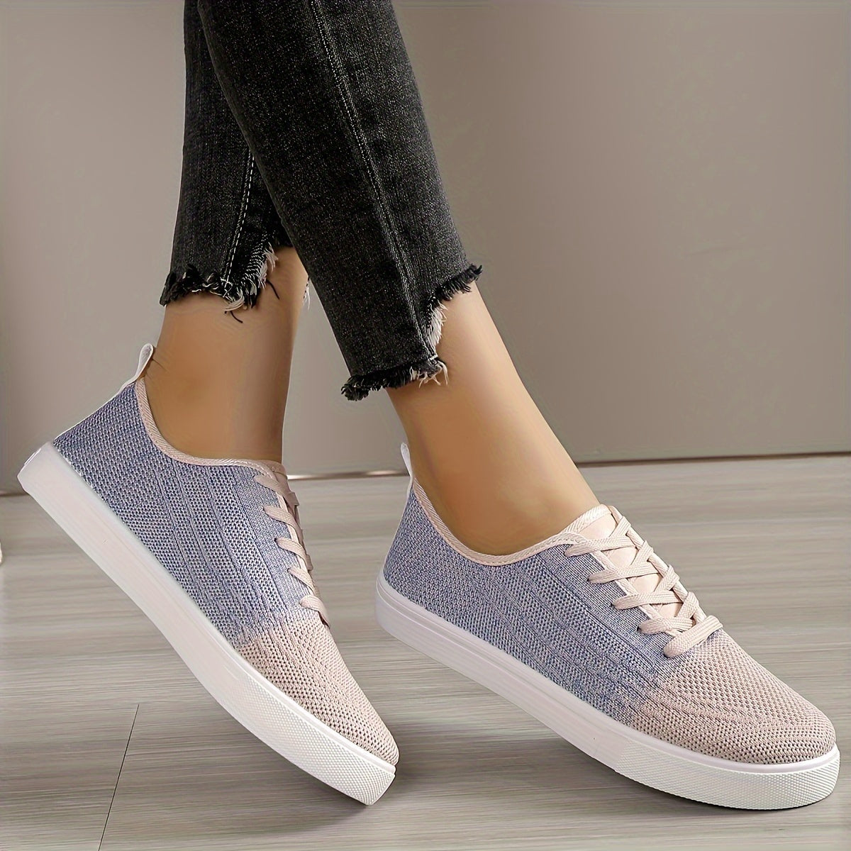 Women's Two Tone Lace-up Walking Shoes Breathable Knit Flats